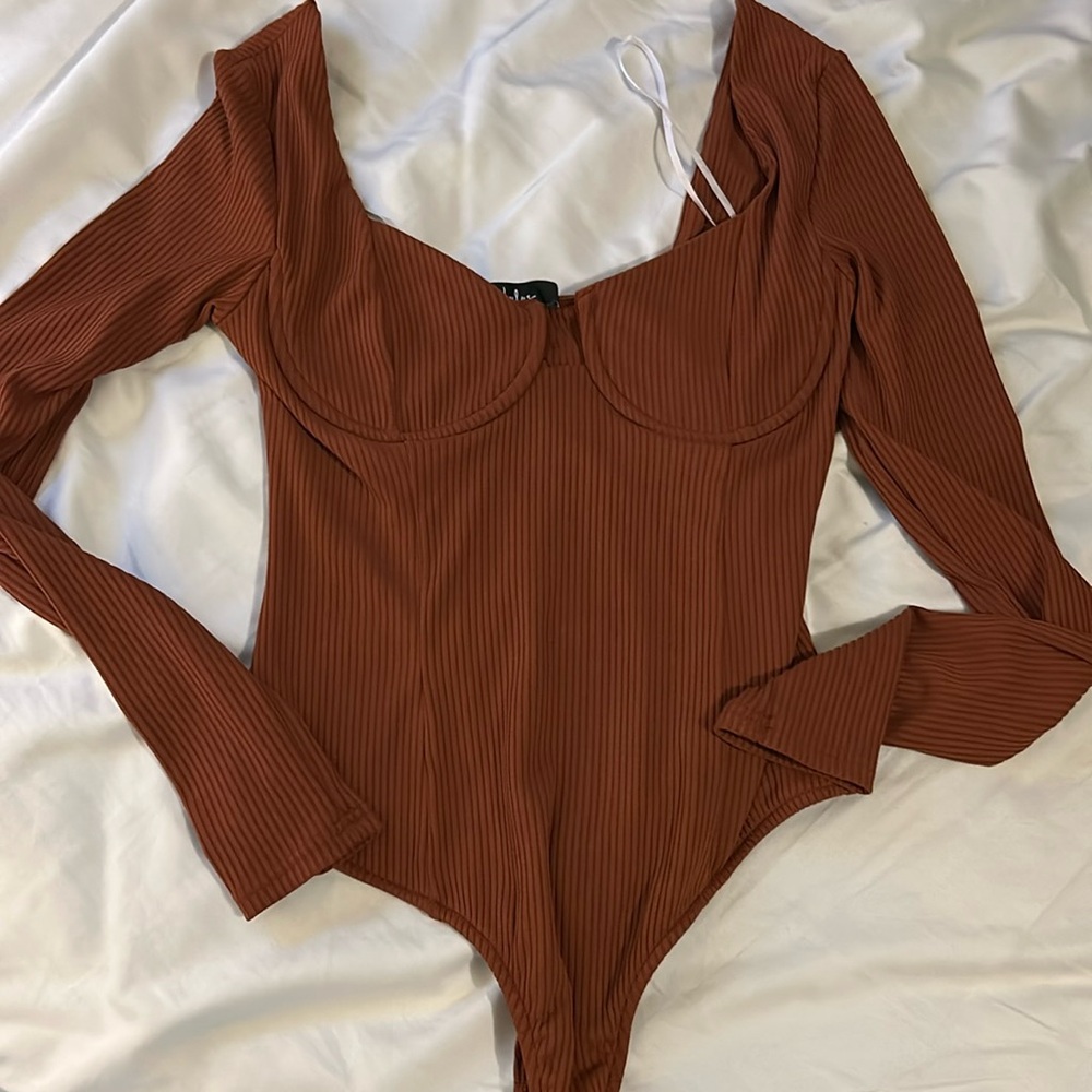 Lulus Risk-Taker Rust Brown Ribbed Long Sleeve Bustier Bodysuit